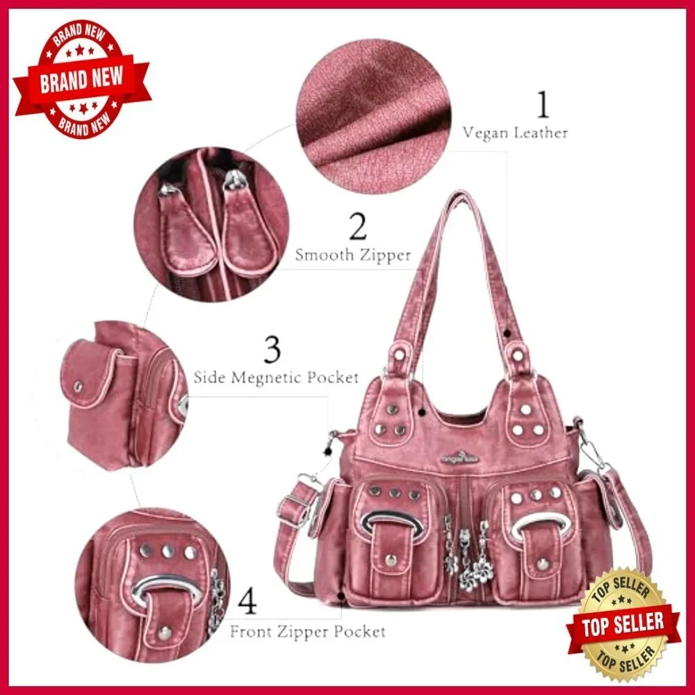 Small Vegan Leather Hobo Crossbody Bag Multi-Pocket Tote Adjustable Strap